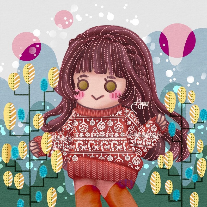 May include: A cartoon illustration of a girl with long brown hair wearing a red and white sweater with a Christmas pattern. The sweater has a white snowflake design and a red background. The girl is smiling and has a happy expression on her face.