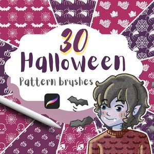May include: A digital illustration of a vampire with fangs, wearing a red sweater with a bat pattern. The image is surrounded by a white cloud with the text "30 Halloween Pattern Brushes" and a Procreate app icon. The background is a collage of various Halloween themed patterns.