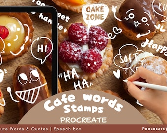 Procreate Cafe Stamps | Kawaii Words - Quotes - Doodles | Speech box Coffee Theme