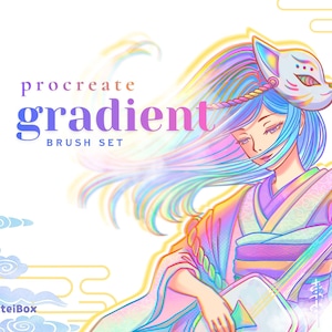 May include: A digital illustration featuring a person with long, flowing, iridescent hair wearing a fox mask and playing a stringed instrument. The text reads procreate gradient BRUSH SET. The color palette includes vibrant blues, purples, and yellows.