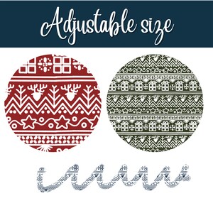May include: Two Christmas baubles with a red and green Scandinavian-style pattern. The baubles are round and have a white background with red and green designs. The text "Adjustable size" is at the top of the image.