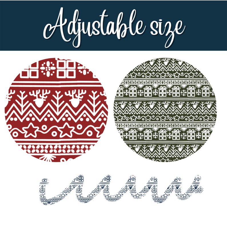 May include: Two Christmas baubles with a red and green Scandinavian-style pattern. The baubles are round and have a white background with red and green designs. The text "Adjustable size" is at the top of the image.