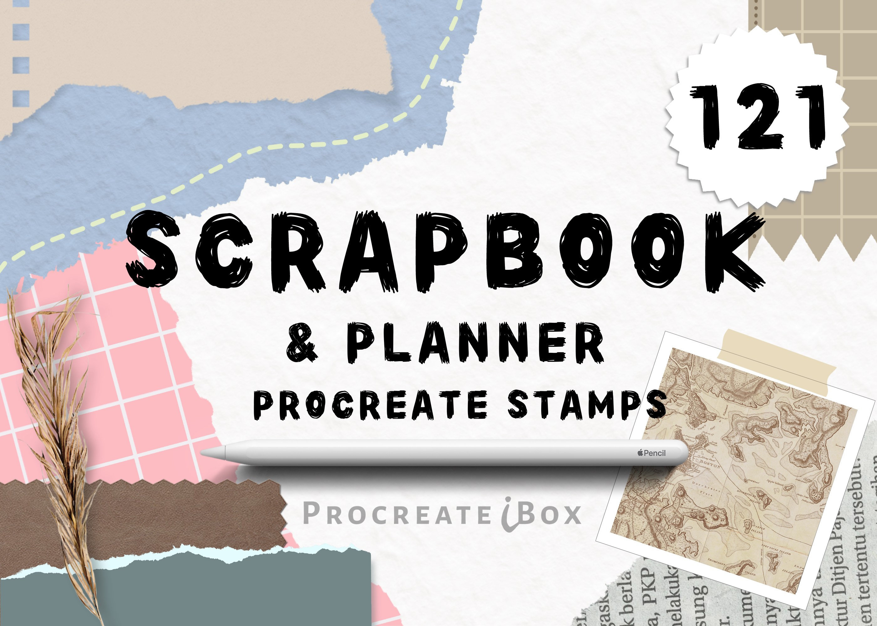 Set de pinceles para Procreate: Scrapbook y sellos de planner – Flores, alfabeto, washi, texturas (121 pinceles)