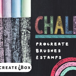 May include: A set of colorful chalk sticks on a black chalkboard background. The text "CHALK" is written in a colorful, textured font. Below the text, it says "Procreate Brushes & Stamps".