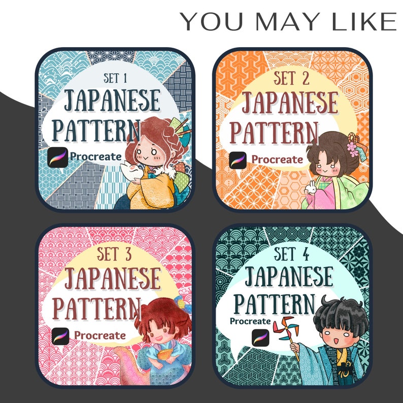 May include: Four digital illustrations of Japanese patterns for Procreate. Each illustration features a different set of patterns and a cartoon character.