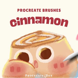 Puede incluir: Una ilustración digital de un personaje de rollo de canela con ojos grandes y una boca pequeña, con el texto PROCREATE BRUSHES cinnamon y Procreate iBox. Un lápiz óptico blanco se encuentra en el lado derecho del fondo color crema.