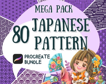 May include: A digital illustration of a girl holding a fan with a pink and white floral design. The illustration is surrounded by 80 different Japanese patterns in a variety of colors. The text "MEGA PACK 80 JAPANESE PATTERN PROCREATE BUNDLE" is displayed on the image.