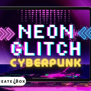 Puede incluir: Una ilustración digital de un letrero de neón con el texto "NEON GLITCH CYBERPUNK" en un estilo pixelado. El letrero está sobre un fondo morado con un efecto glitch. El texto está en una variedad de colores, incluyendo rosa, azul y amarillo.