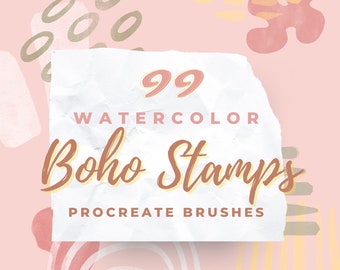 May include: A white piece of paper with a crumpled texture, featuring the text "99 Watercolor Boho Stamps Procreate Brushes" in a yellow and orange font. The paper is set against a pink background with abstract watercolor shapes in shades of pink, yellow, and brown.