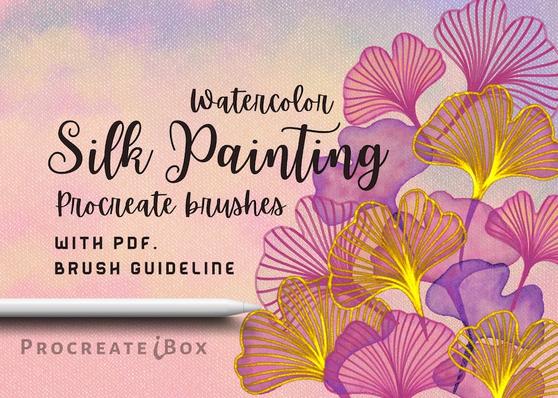Procreate Watercolor Brush Set: Silk Painting with Gold Brushes ,PDF How to draw tutorial image 1