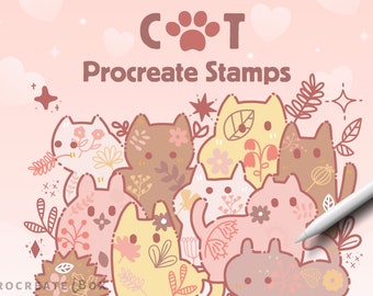 かわいい猫のプロクリエイトスタンプ：ボタニカルスタンプブラシセット（デジタルダウンロード）