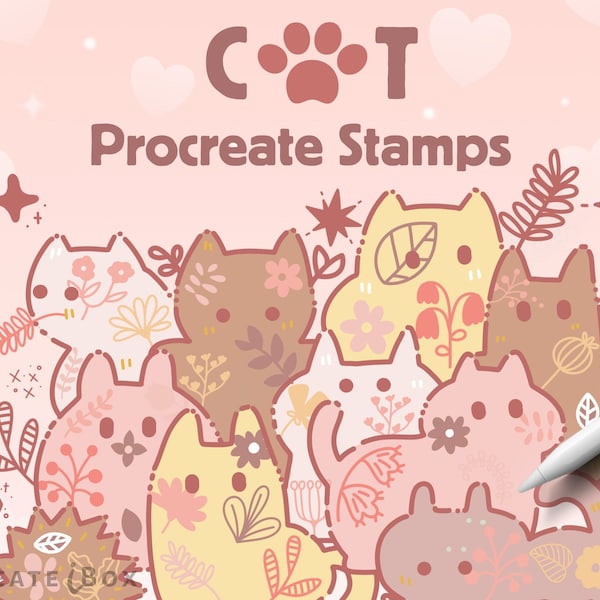 Kawaii procreate cat stamps | Botanical cat procreate brushes | Cute stamps