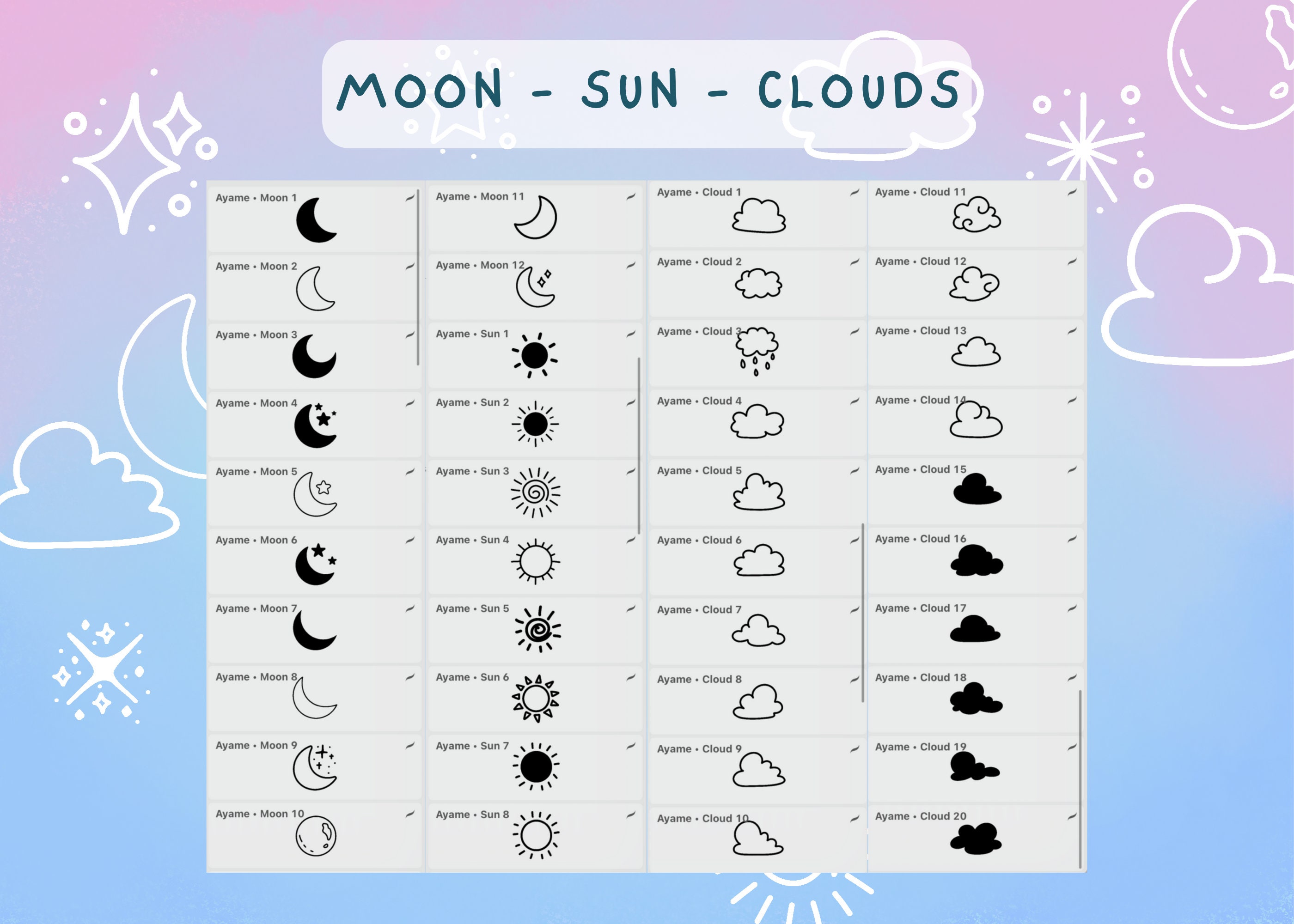 Sky Procreate Stamps | 100 Moon, Stars, Cloud Brushes (digital Brush - Etsy