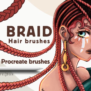 Puede incluir: Ilustración digital de una mujer con cabello trenzado rojo, aretes dorados y pintura facial. La imagen incluye el texto "BRAID Hair brushes" y "102 Procreate brushes" con un lápiz digital.