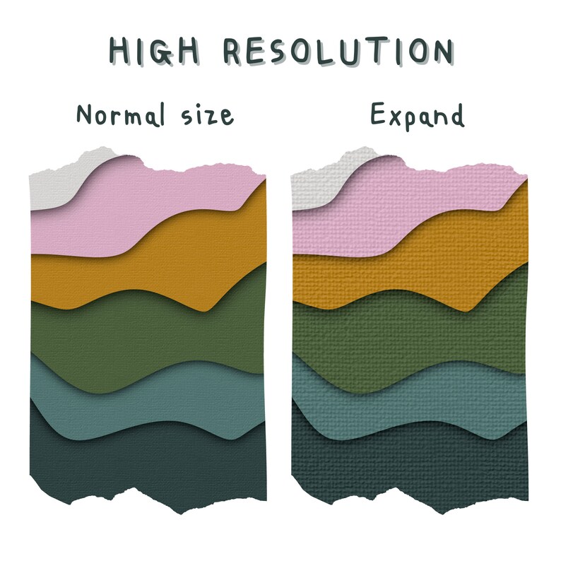 May include: A visual comparison of the same image at two different resolutions. The text "HIGH RESOLUTION" is at the top of the image. The text "Normal size" is above a layered image with a white, pink, yellow, green, blue, and dark green color scheme. The text "Expand" is above a layered image with the same color scheme but at a higher resolution.