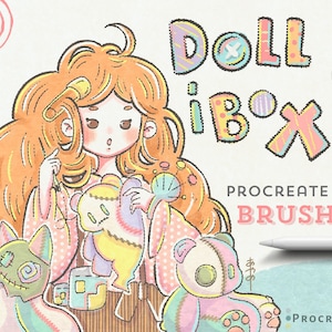 May include: A digital illustration of a girl with long orange hair holding a sewing needle and thread. She is surrounded by colorful, stitched, and embroidered plush toys. The text "DOLL iB'X PROCREATE BRUSHES" is in the upper right corner of the image.