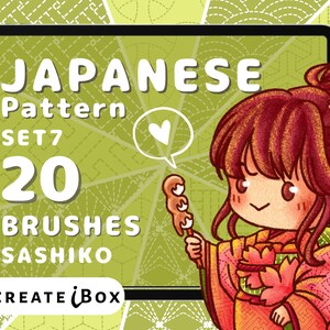 May include: A digital illustration of a Japanese woman in a traditional kimono holding a dango skewer. The image is on a tablet screen with the text "JAPANESE Pattern SET 7 20 BRUSHES SASHIKO PROCREATE iBOX" on the screen. The background is a green and white geometric pattern.