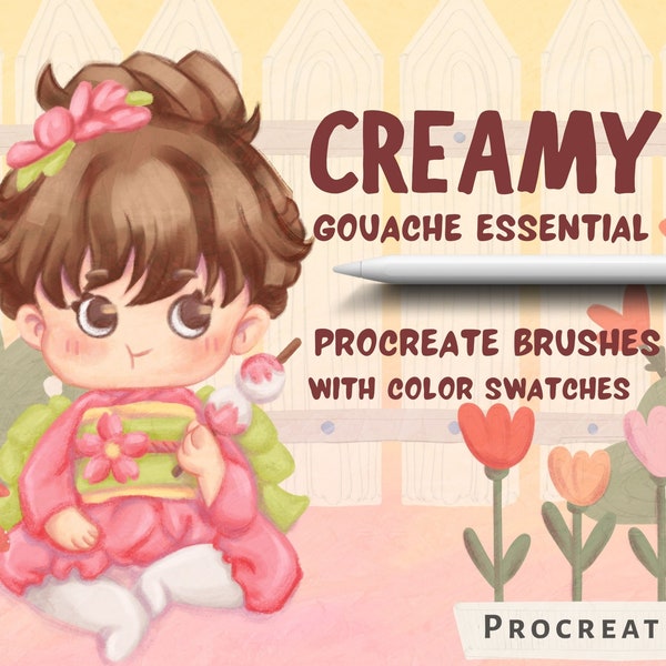 Procreate creamy gouache essential brushes | 19 Procreate brushes with canvas texture and color palettes