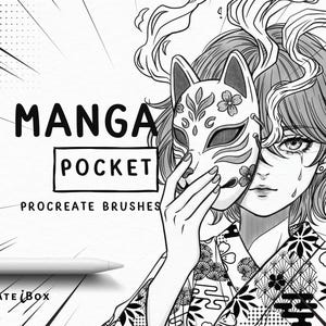 May include: A black and white digital illustration featuring a person holding a fox mask over their face. The text MANGA POCKET PROCREATE BRUSHES and PROCREATE iBOX is visible. A white stylus is positioned horizontally in the lower left corner.