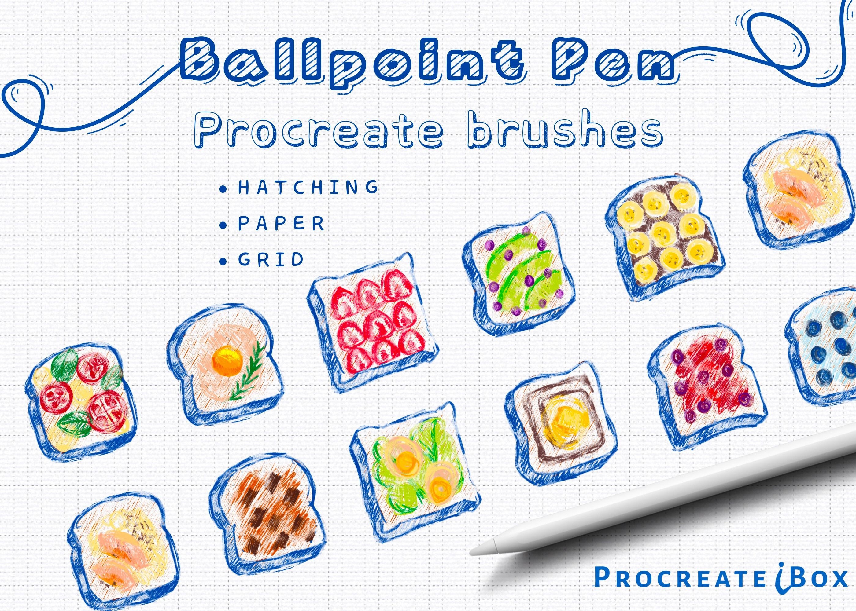 28 Ballpoint Pen Procreate Brushes | Kawaii Doodle, Fineline, Inking & Grid Paper Textures