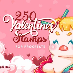 Op de afbeelding: Roze digitale afbeelding met de tekst "250 Valentines Stamps for Procreate". De afbeelding toont een cartoonfiguur en hartvormige ballonnen. Het ProcreateBox-logo staat linksonder.