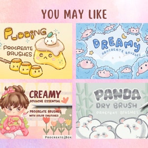 May include: Four digital illustrations of Procreate brush sets. The first is a yellow pudding with a white cat on top. The second is a blue sheep with the text "Dreamy Procreate Brushes". The third is a girl in a pink kimono with the text "Creamy Gouache Essential Procreate Brushes with Color Swatches". The fourth is a panda with the text "Panda Dry Brush Procreate Brushes".