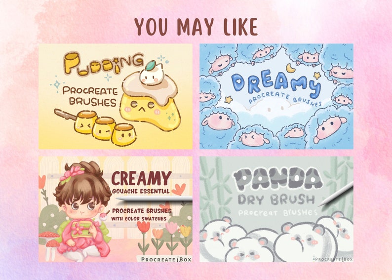 May include: Four digital illustrations of Procreate brush sets. The first is a yellow pudding with a white cat on top. The second is a blue sheep with the text "Dreamy Procreate Brushes". The third is a girl in a pink kimono with the text "Creamy Gouache Essential Procreate Brushes with Color Swatches". The fourth is a panda with the text "Panda Dry Brush Procreate Brushes".