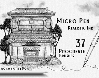 May include: A black and white illustration of a Japanese-style building with a tiled roof, surrounded by trees. The text "MICRO PEN REALISTIC INK 37 PROCREATE BRUSHES" is written below the image. A white pen is drawn next to the text, with a black line extending from the pen tip.