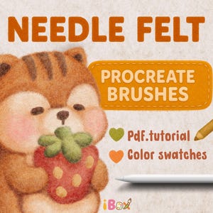 Op de afbeelding: Een digitale illustratie van een cartoon eekhoorn die een aardbei vasthoudt. De afbeelding toont de woorden "NEEDLE FELT" en "PROCREATE BRUSHES". Extra tekst geeft een PDF-tutorial en kleurstalen aan.