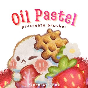 May include: Digital illustration featuring the text Oil Pastel procreate brushes and Procreate iBox. A white character with pink cheeks holds a strawberry slice next to a waffle, a white flower, and large red strawberries with a textured oil pastel effect.