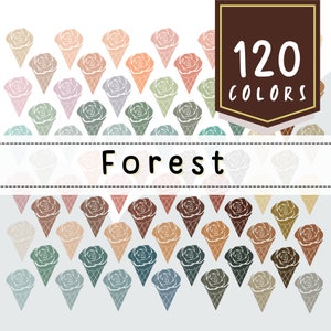 Op de afbeelding: Een herhalend patroon van ijshoorntjes in verschillende kleuren, waaronder tinten bruin, groen, blauw en roze. De hoorntjes zijn in een driehoekig patroon gerangschikt. De tekst "Forest" en "120 Colors" wordt weergegeven op de afbeelding.