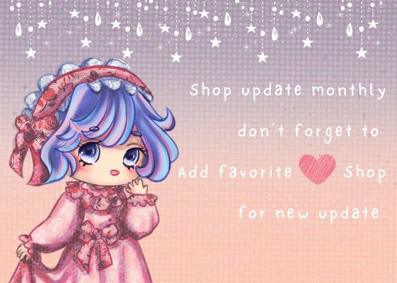 Puede incluir: Ilustraci&oacute;n de un personaje de dibujos animados con cabello azul y un vestido rosa. El personaje lleva una diadema de encaje con rosas. El texto en la imagen dice: "Shop update monthly, don't forget to add favorite shop for new update."