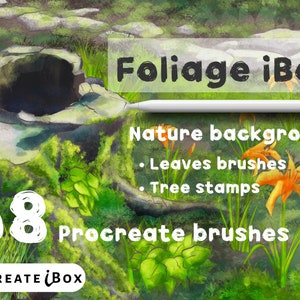 Könnte beinhalten: Digitale Kunstmaterialien für Procreate. Das Bild zeigt ein Set zum Thema Natur mit dem Text "Foliage iBox". Es enthält Laubpinsel, Baumstempel und 68 Procreate-Pinsel. Ein weißer Stift ist ebenfalls vorhanden.