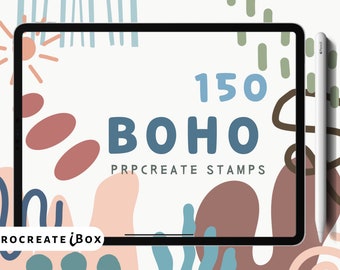 May include: A digital tablet screen displaying a graphic design for 150 Boho Procreate Stamps. The design features a white background with blue, brown, and pink abstract shapes and lines. The text "150 BOHO" is in blue and the text "PROCREATE STAMPS" is in black.