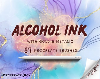 97 Alcohol Ink Procreate Brushes: Realistic Art Texture, Stamps, Gold & Metallic brush