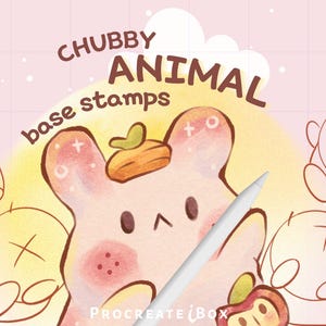 以下が含まれることがあります： CHUBBY ANIMAL base stampsおよびProcreate iBoxというテキストが記載されたデジタルイラスト。中央には頭に小さなオレンジ色のアイテムを乗せたピンク色のキャラクターが描かれ、その周囲には同様の動物の輪郭スケッチが4つ配置されています。