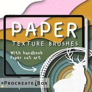 Peut inclure: Une illustration numérique d'un écran de tablette montrant un ensemble de pinceaux de texture papier pour Procreate. L'image présente un design d'art découpé dans du papier coloré avec le texte "PAPER TEXTURE BRUSHES" et "with handbook paper cut art".