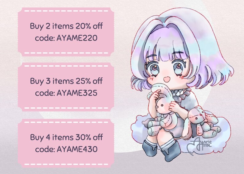 May include: A digital illustration of a cartoon character with purple hair holding a plush toy rabbit. The image includes text with discount codes for buying multiple items: Buy 2 items 20% off code: AYAME220, Buy 3 items 25% off code: AYAME325, Buy 4 items 30% off code: AYAME430.