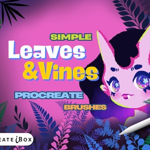 May include: A digital illustration of leaves and vines with the text "SIMPLE Leaves & Vines PROCREATE BRUSHES" on a pink background. The image also includes a stylized cartoon character with large eyes and horns.
