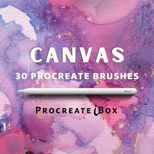 May include: A digital illustration of a pink, purple, and gold abstract watercolor background with the text "CANVAS 30 PROCREATE BRUSHES" and the text "PROCREATE iBox" below. A white Apple Pencil is lying on top of the background.