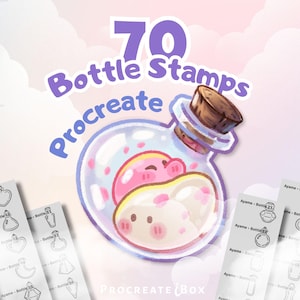 May include: A digital collection of 70 bottle stamps for Procreate featuring a central illustration of a glass bottle with a cork stopper containing two small pink creatures, surrounded by multiple vertical strips displaying various bottle outlines.