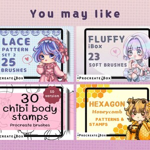 Puede incluir: Vistas previas de productos de arte digital en tabletas. La imagen muestra cuatro conjuntos diferentes de Procreate iBox: Lace Pattern Set 2 con 25 pinceles, Fluffy iBox con 23 pinceles suaves, 30 sellos de cuerpo chibi y Hexagon Honeycomb patterns and stamps.