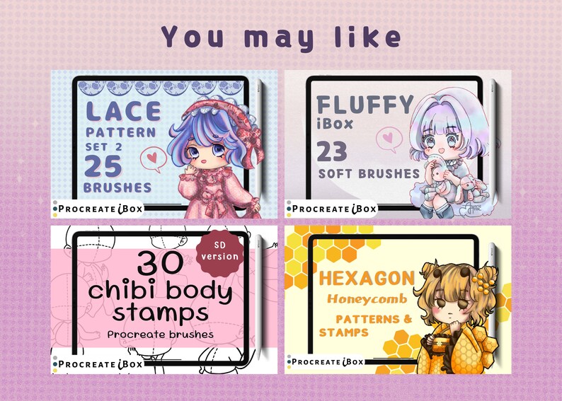 Puede incluir: Vistas previas de productos de arte digital en tabletas. La imagen muestra cuatro conjuntos diferentes de Procreate iBox: Lace Pattern Set 2 con 25 pinceles, Fluffy iBox con 23 pinceles suaves, 30 sellos de cuerpo chibi y Hexagon Honeycomb patterns and stamps.