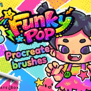 Può includere: Illustrazione digitale colorata con le parole "Funky Pop" in un font multicolore e "Procreate brushes" sotto. È presente una ragazza dei cartoni animati con i capelli scuri e un vestito rosa. Sono visibili anche uno stilo bianco e una nuvola con una faccia.