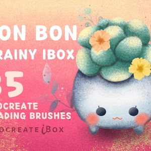 Może przedstawiać: Cyfrowa ilustracja uroczej, kreskówkowej rośliny sukulentowej w doniczce na różowym tle. Na obrazku widnieje tekst "BON BON GRAINY IBOX 35 PROCREATE SHADING BRUSHES PROCREATE IBOX".