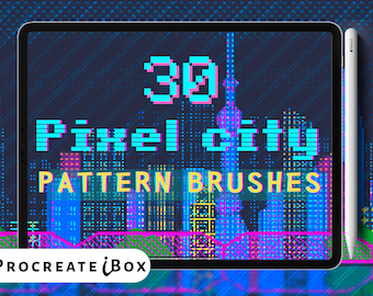 Puede incluir: Una ilustración digital de un horizonte de ciudad con un estilo pixelado. La imagen está en la pantalla de una tableta con un lápiz óptico al lado. El texto en la pantalla dice "30 Pixel City Pattern Brushes".