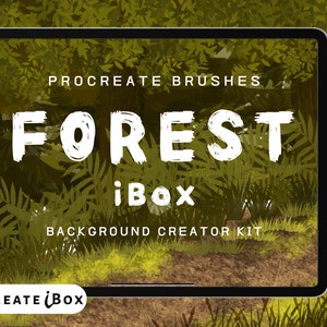 Könnte beinhalten: Eine digitale Illustration einer Waldszene auf einem Tablet-Bildschirm. Der Text "Procreate Brushes Forest iBox Background Creator Kit" wird auf dem Bildschirm angezeigt. Das Bild ist eine Produktwerbung für einen digitalen Pinsel-Satz.