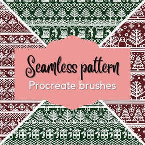 May include: A set of five seamless Christmas patterns in red, white, and green. The patterns feature various festive elements such as trees, snowflakes, candy canes, and presents. The text "Seamless pattern Procreate brushes" is displayed in the centre of the image.