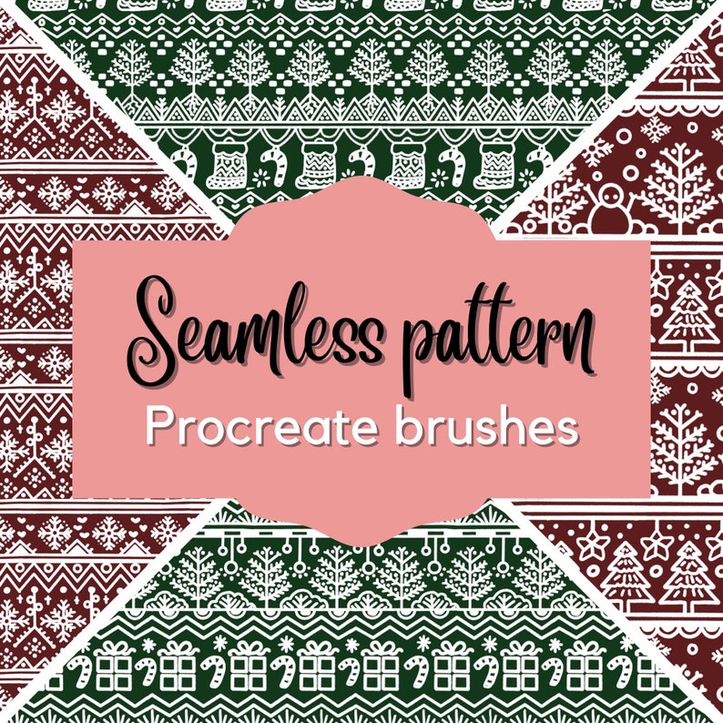 May include: A set of five seamless Christmas patterns in red, white, and green. The patterns feature various festive elements such as trees, snowflakes, candy canes, and presents. The text "Seamless pattern Procreate brushes" is displayed in the centre of the image.