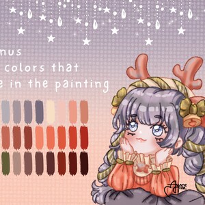 Puede incluir: Ilustraci&oacute;n digital de un personaje de estilo anime con cabello gris y una diadema festiva con cuernos. La imagen incluye una paleta de 30 colores y el texto "Bonus 30 colors that use in the painting".